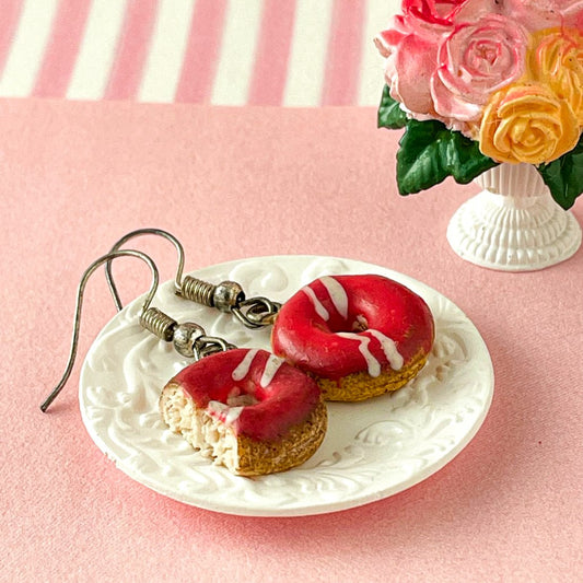 Red Donut Bite Mini Food Earrings