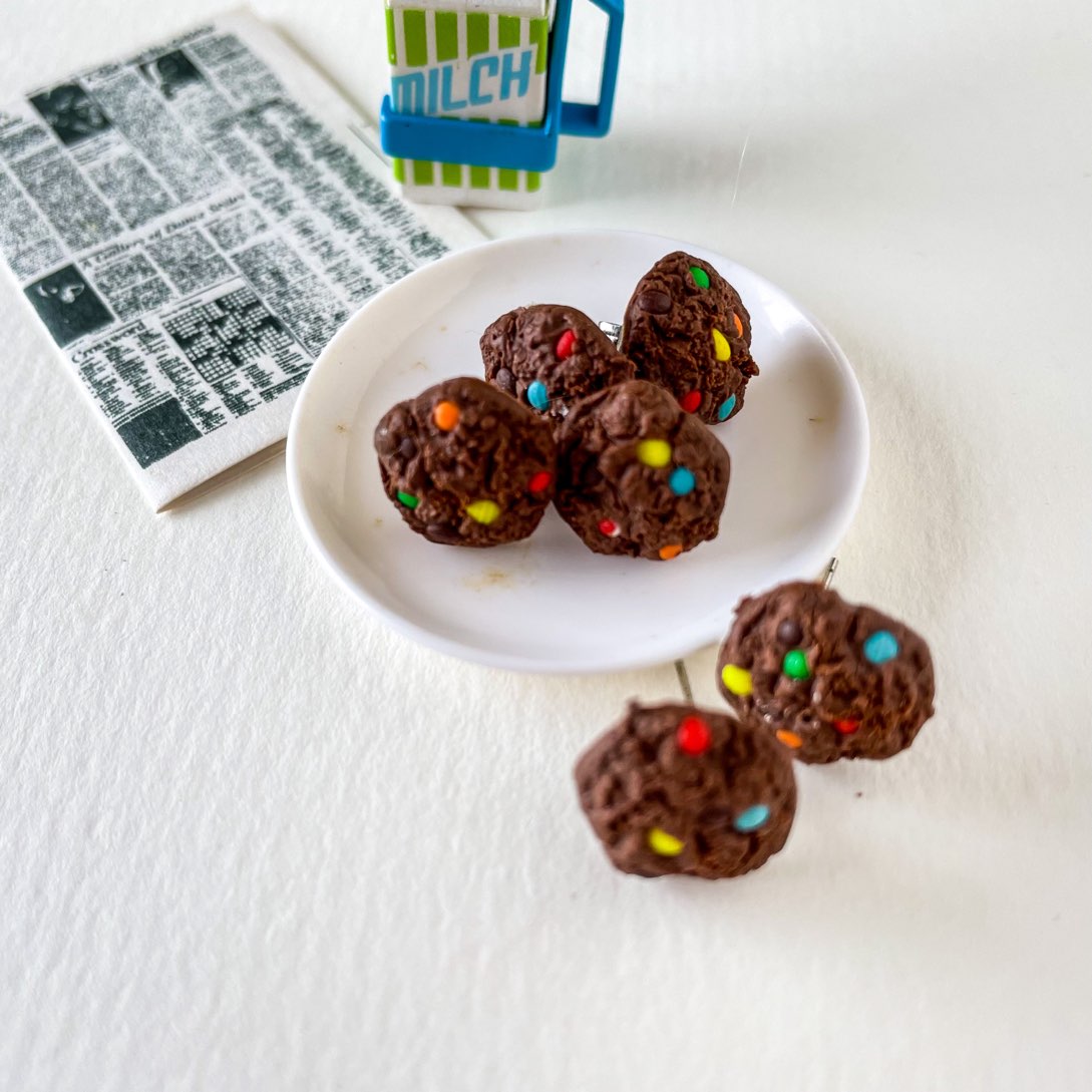 Chocolate Cookie with Gems Miniature Food Ear Studs