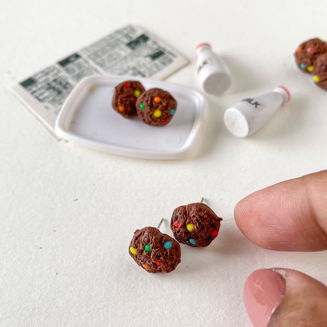 Chocolate Cookie with Gems Miniature Food Ear Studs