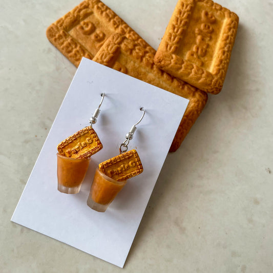 Miniature Parle G biscuit dipped in miniature tea glass earrings made from polymer clay and resin 