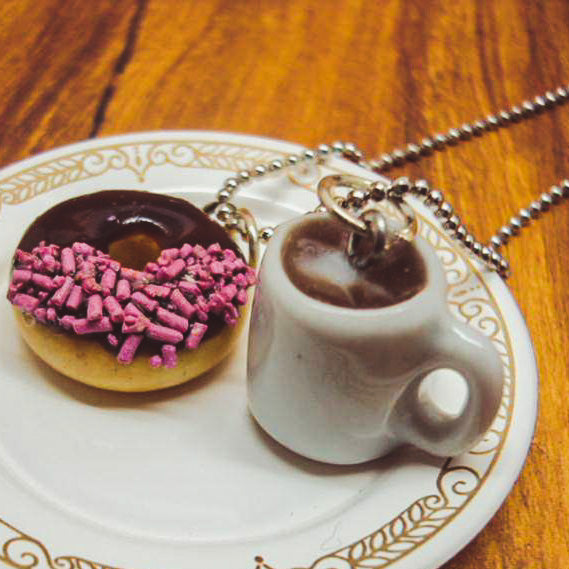 Chocolate Donut N Coffee Miniature Charm Pendant Necklace