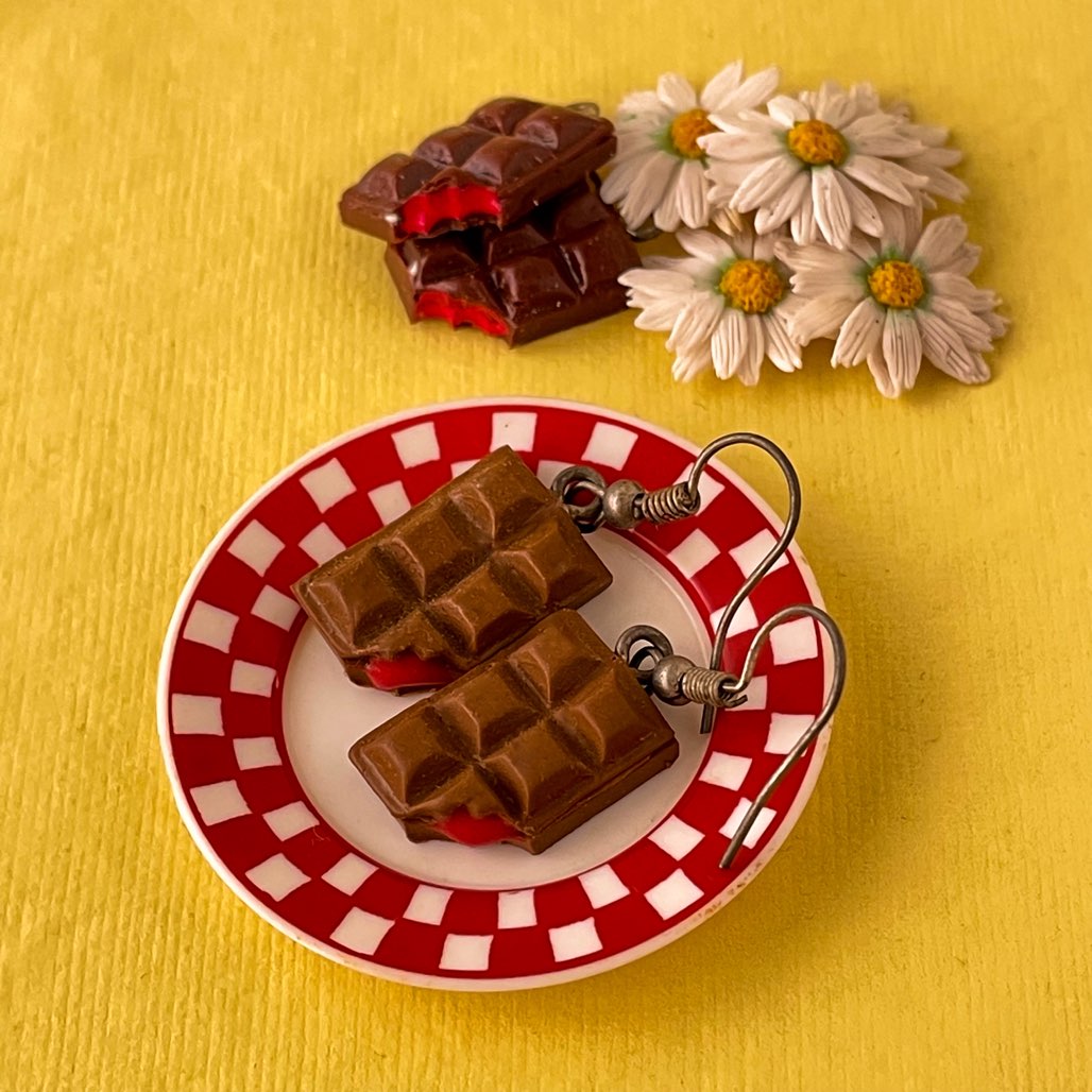 Strawberry Filled Chocolate Slab Miniature Food Earrings