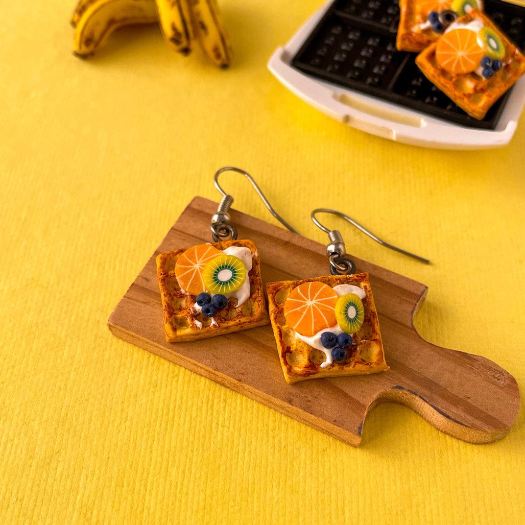 Square Waffle With Fruit Mini Food Earrings