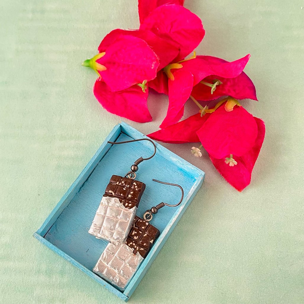 Nuts Chocolate With Silver Foil Mini Food Earrings