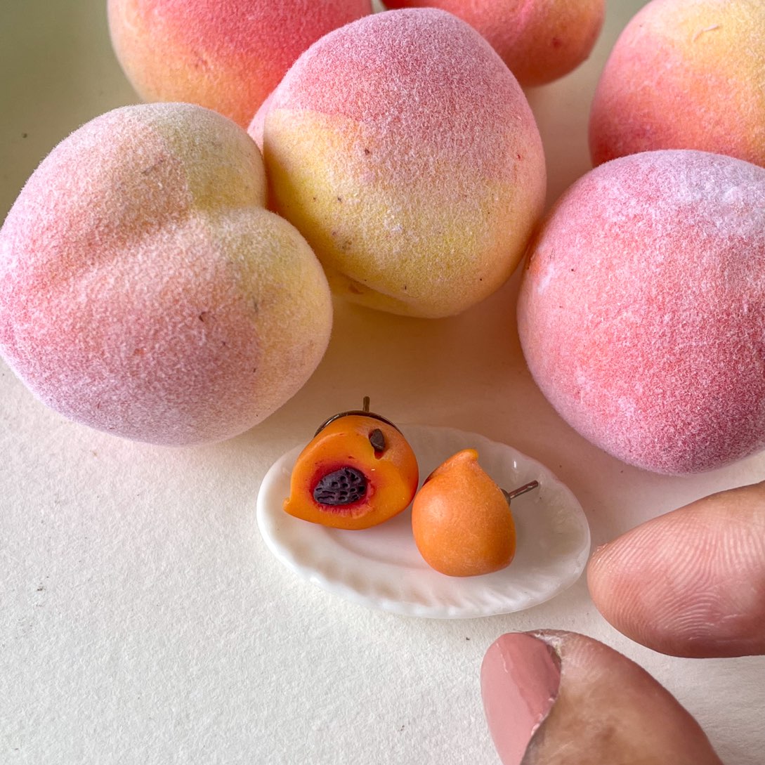 Peach Fruit Halves Miniature Ear Studs