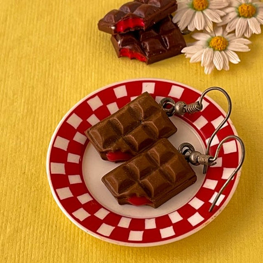 Strawberry Filled Chocolate Slab Miniature Food Earrings