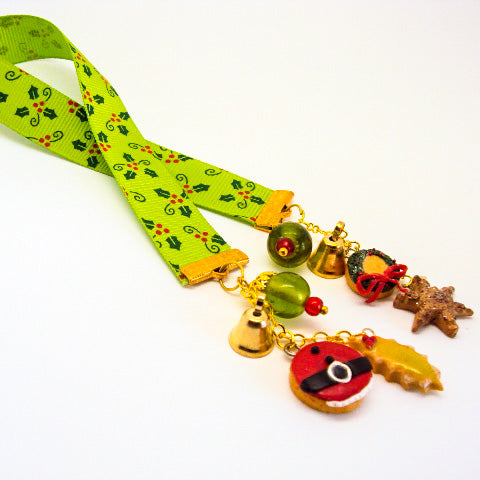Green Christmas Holly Leaves Ribbon Bookmark 