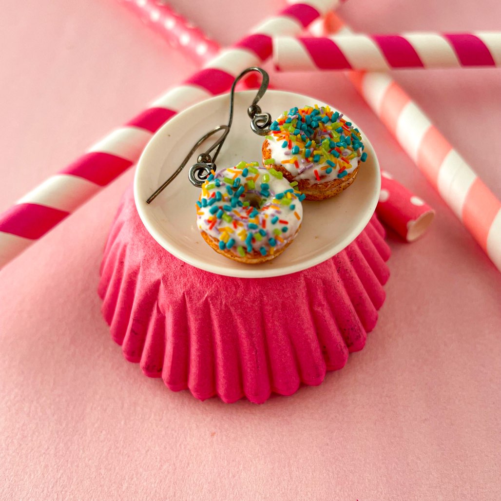 Rainbow Sprinkle Miniature Donuts Food Earrings