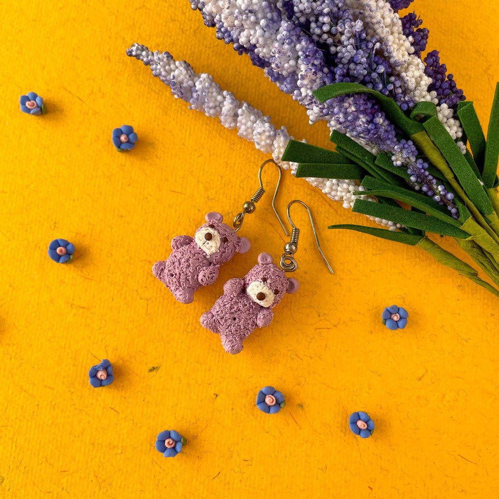 Purple Miniature Teddy Bear Earrings