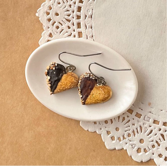 Heart Shaped Chocolate Dipped Cookie Miniature Food Earrings