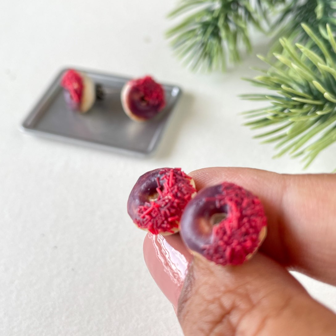Chocolate Miniature Donuts with Red Sprinkles Food Ear Studs